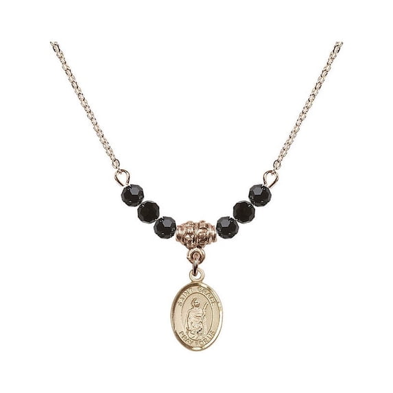 18-Inch Hamilton Gold Plated Necklace with 4mm Jet Birth Month Stone Beads and Saint Grace Charm