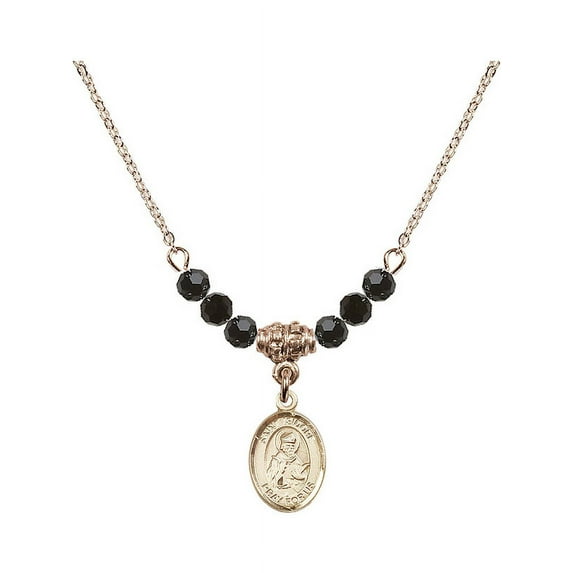 18-Inch Hamilton Gold Plated Necklace with 4mm Jet Birth Month Stone Beads and Saint Isidore of Seville Charm