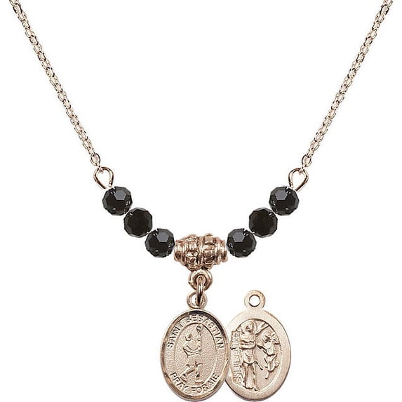 18-Inch Hamilton Gold Plated Necklace with 4mm Jet Birth Month Stone Beads and Saint Sebastian/Lacrosse Charm