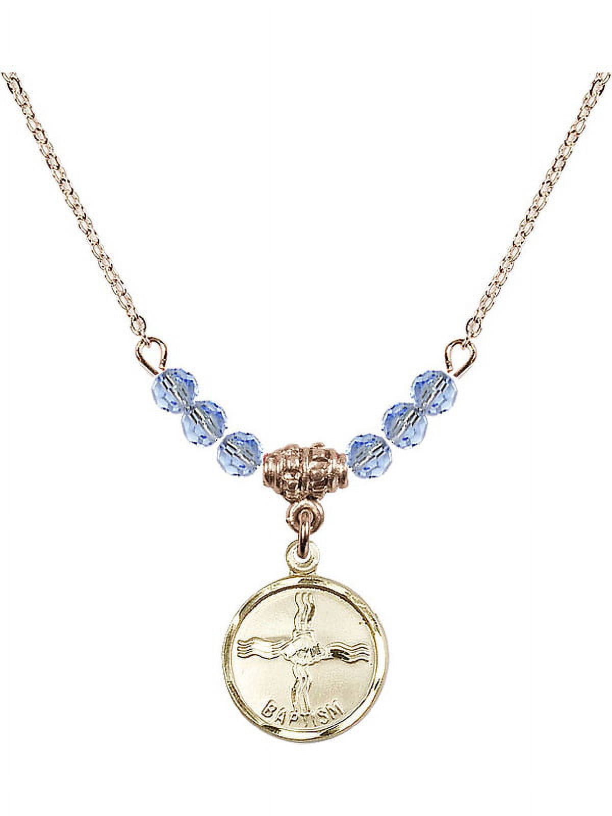 18-Inch Hamilton Gold Plated Necklace with 4mm Light Blue September Birth Month Stone Beads and Baptism Charm