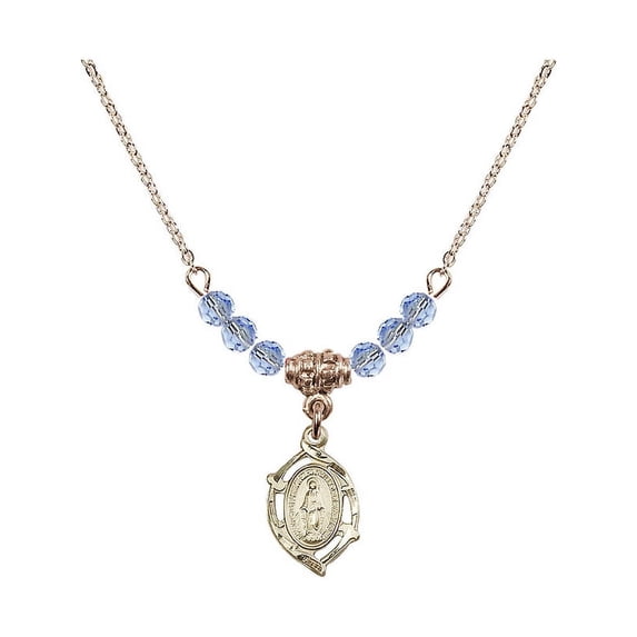 18-Inch Hamilton Gold Plated Necklace with 4mm Light Blue September Birth Month Stone Beads and Miraculous Charm