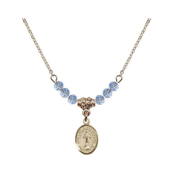 18-Inch Hamilton Gold Plated Necklace with 4mm Light Blue September Birth Month Stone Beads and Our Lady of All Nations Charm
