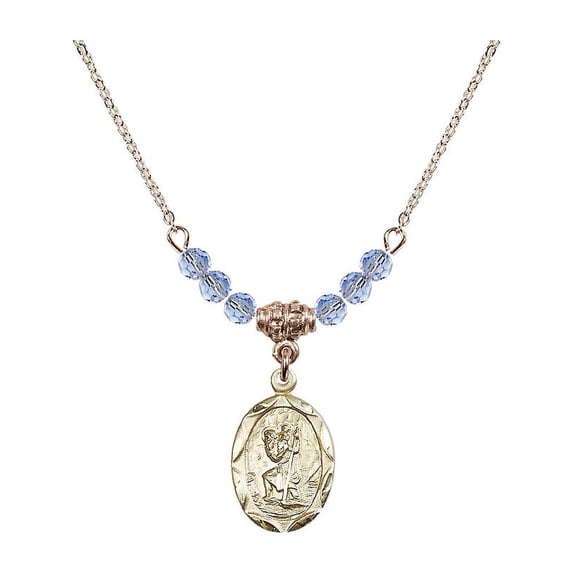 18-Inch Hamilton Gold Plated Necklace with 4mm Light Blue September Birth Month Stone Beads and Saint Christopher Charm