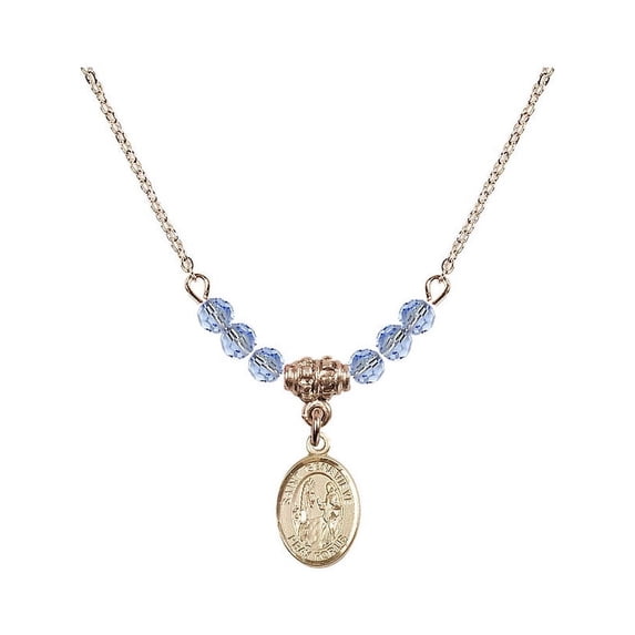 18-Inch Hamilton Gold Plated Necklace with 4mm Light Blue September Birth Month Stone Beads and Saint Genevieve Charm
