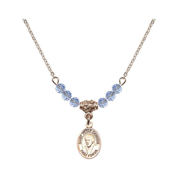 18-Inch Hamilton Gold Plated Necklace with 4mm Light Blue September Birth Month Stone Beads and Saint Peter Canisius Charm