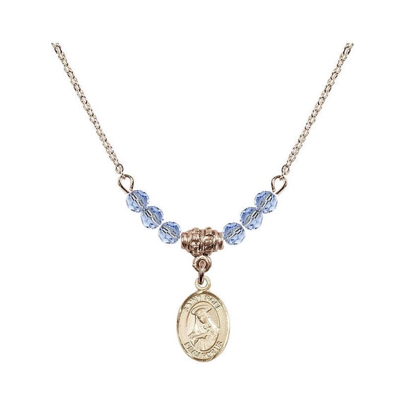18-Inch Hamilton Gold Plated Necklace with 4mm Light Blue September Birth Month Stone Beads and Saint Rose of Lima Charm