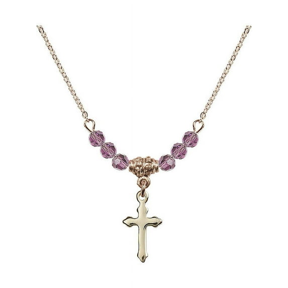 18-Inch Hamilton Gold Plated Necklace with 4mm Light Purple February Birth Month Stone Beads and Cross Charm