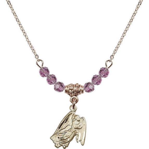 18-Inch Hamilton Gold Plated Necklace with 4mm Light Purple February Birth Month Stone Beads and Guardian Angel Charm