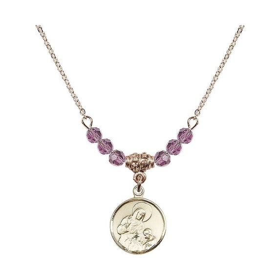 18-Inch Hamilton Gold Plated Necklace with 4mm Light Purple February Birth Month Stone Beads and Saint Ann Charm