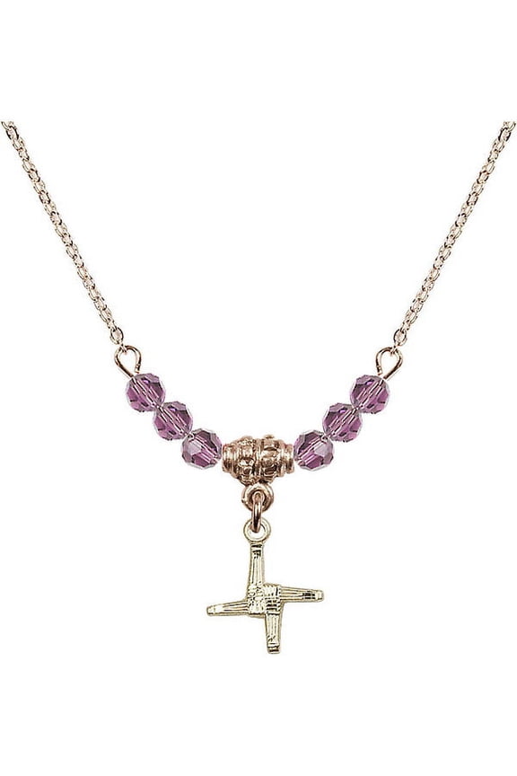 18-Inch Hamilton Gold Plated Necklace with 4mm Light Purple February Birth Month Stone Beads and Saint Brigid Cross Charm