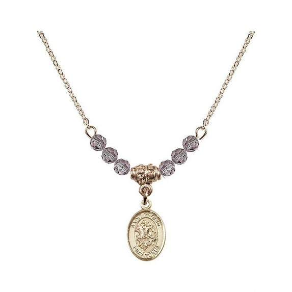 18-Inch Hamilton Gold Plated Necklace with 4mm Light Purple February Birth Month Stone Beads and Saint George Charm