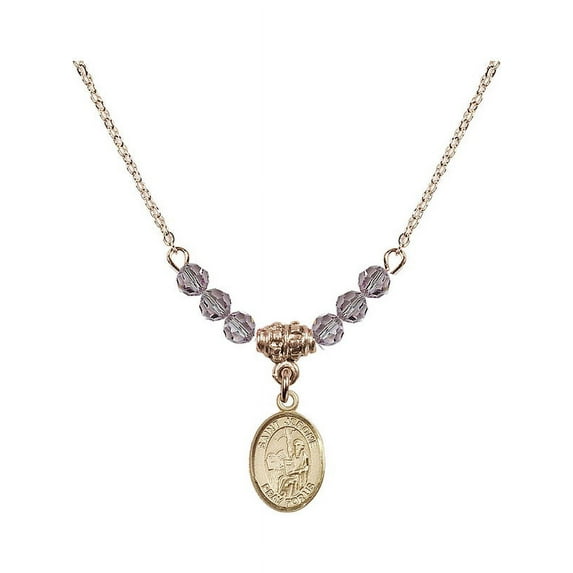 18-Inch Hamilton Gold Plated Necklace with 4mm Light Purple February Birth Month Stone Beads and Saint Jerome Charm