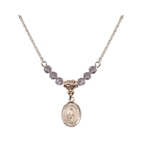 18-Inch Hamilton Gold Plated Necklace with 4mm Light Purple February Birth Month Stone Beads and Saint Odilia Charm