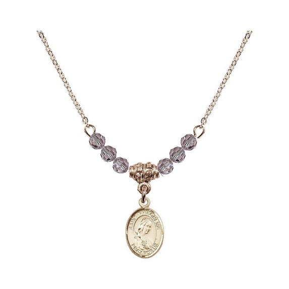 18-Inch Hamilton Gold Plated Necklace with 4mm Light Purple February Birth Month Stone Beads and Saint Philomena Charm