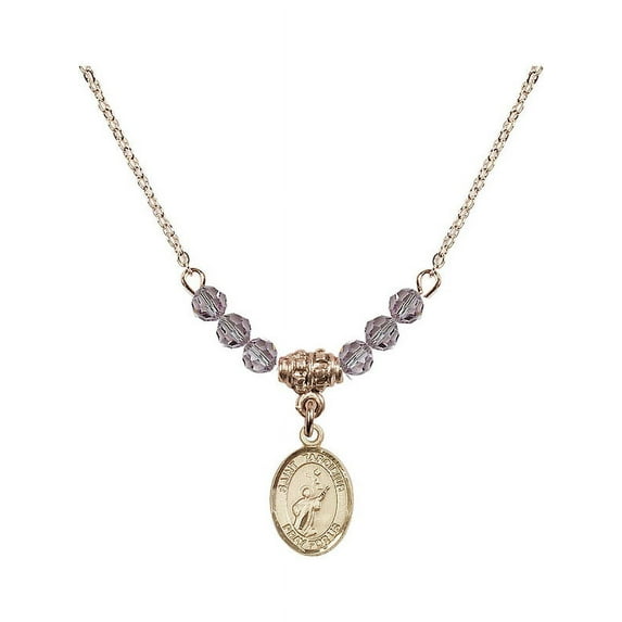 18-Inch Hamilton Gold Plated Necklace with 4mm Light Purple February Birth Month Stone Beads and Saint Tarcisius Charm