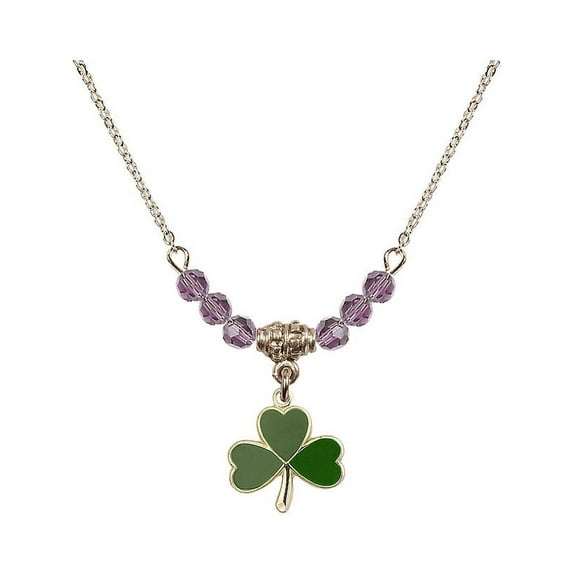 18-Inch Hamilton Gold Plated Necklace with 4mm Light Purple February Birth Month Stone Beads and Shamrock Charm