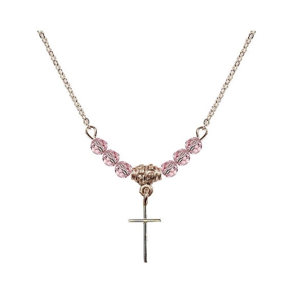 18-Inch Hamilton Gold Plated Necklace with 4mm Light Rose Pink October Birth Month Stone Beads and Cross Charm