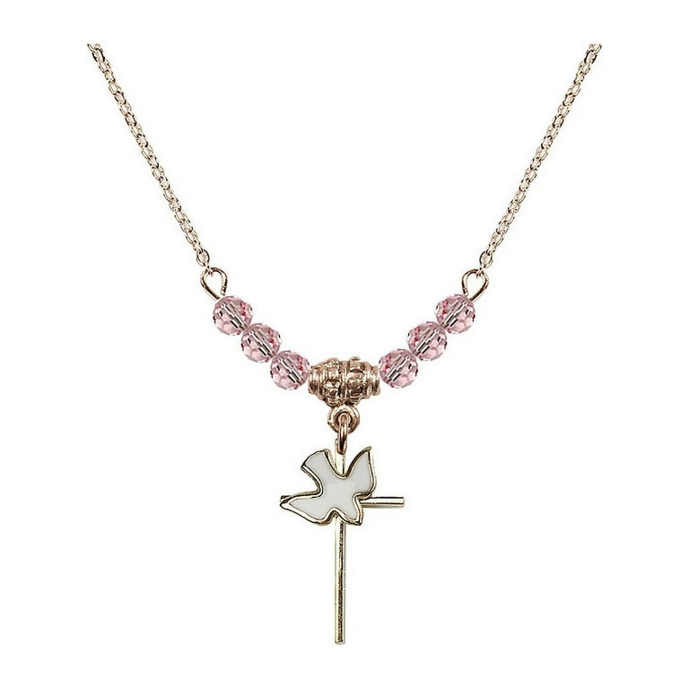 18-Inch Hamilton Gold Plated Necklace with 4mm Light Rose Pink October  Birth Month Stone Beads and Cross / Holy Spirit Charm