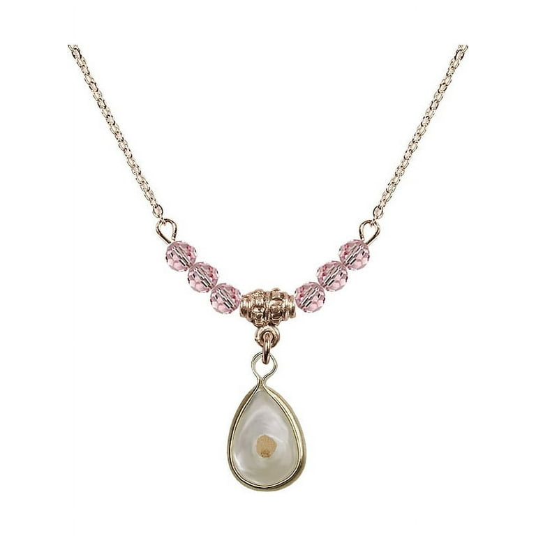 18-Inch Hamilton Gold Plated Necklace with 4mm Light Rose Pink October  Birth Month Stone Beads and Mustard Seed Charm