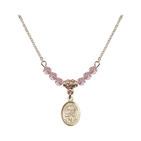 18-Inch Hamilton Gold Plated Necklace with 4mm Light Rose Pink October Birth Month Stone Beads and Saint Agatha Charm