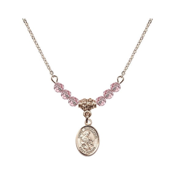 18-Inch Hamilton Gold Plated Necklace with 4mm Light Rose Pink October Birth Month Stone Beads and Saint Eustachius Charm