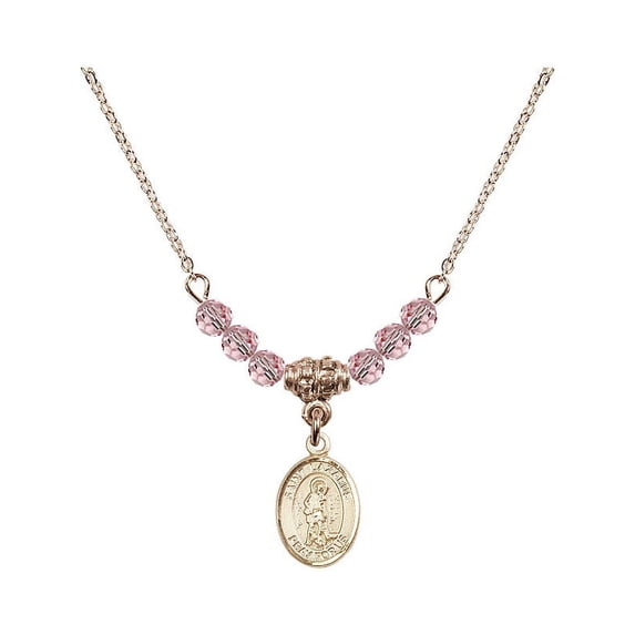 18-Inch Hamilton Gold Plated Necklace with 4mm Light Rose Pink October Birth Month Stone Beads and Saint Lazarus Charm