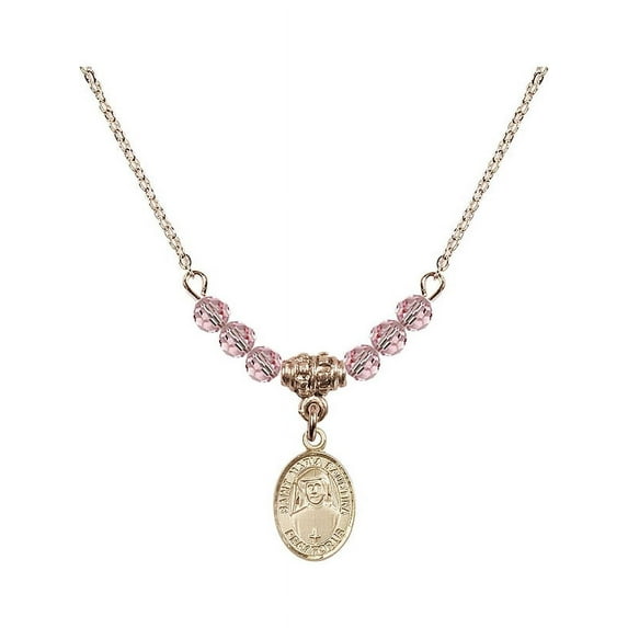18-Inch Hamilton Gold Plated Necklace with 4mm Light Rose Pink October Birth Month Stone Beads and Saint Maria Faustina Charm