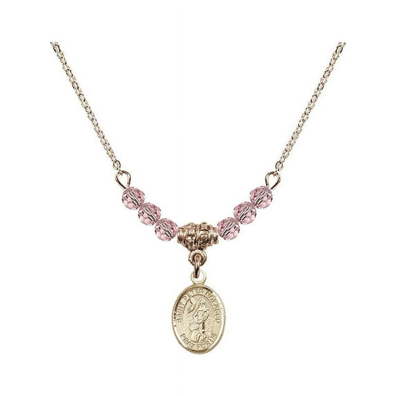 18-Inch Hamilton Gold Plated Necklace with 4mm Light Rose Pink October Birth Month Stone Beads and Saint Peter Nolasco Charm