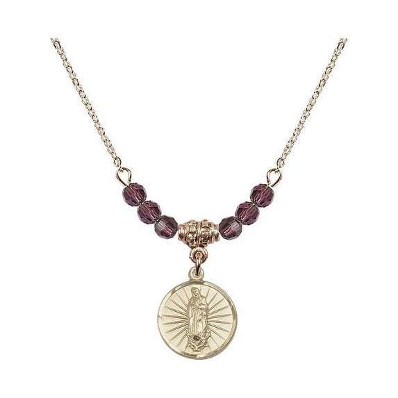 18-Inch Hamilton Gold Plated Necklace with 4mm Purple February Birth Month Stone Beads and Our Lady of Guadalupe Charm