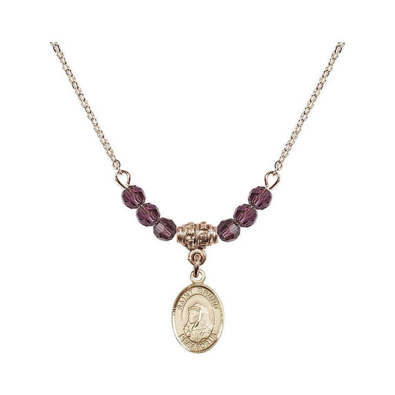 18-Inch Hamilton Gold Plated Necklace with 4mm Purple February Birth Month Stone Beads and Saint Bruno Charm