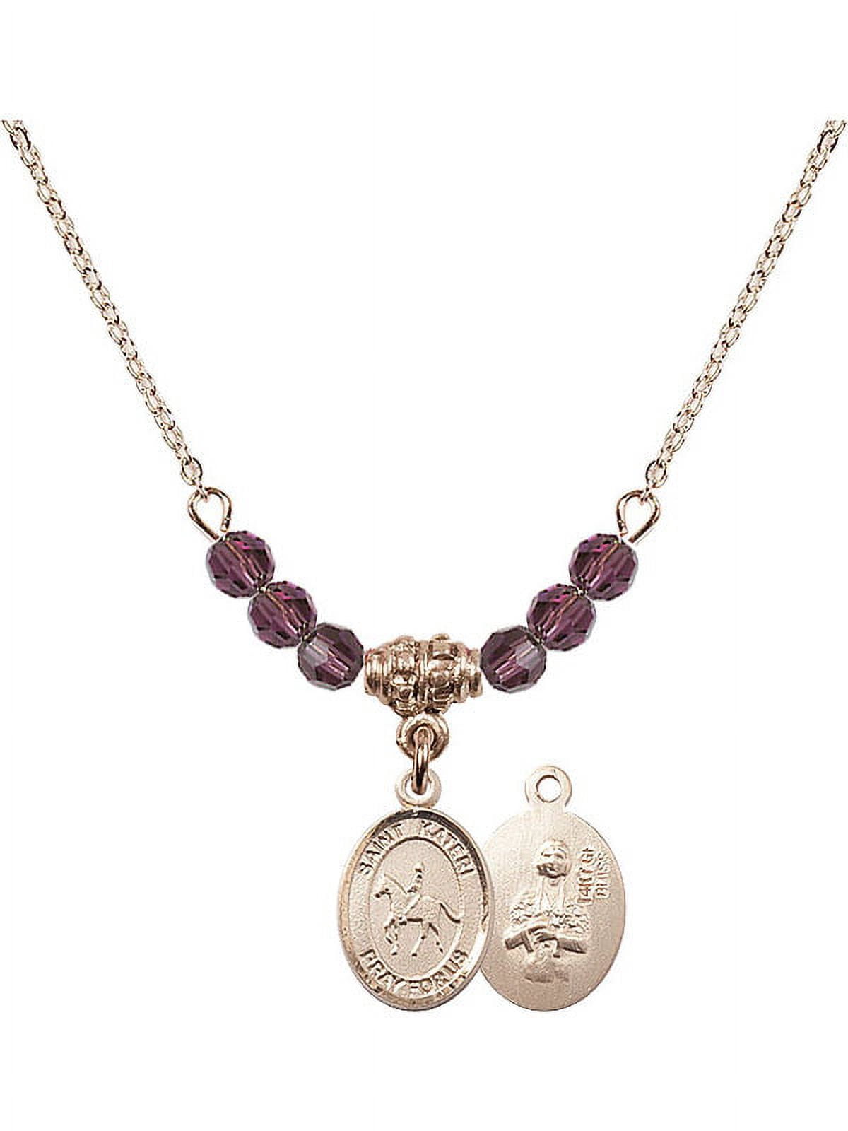 18-Inch Hamilton Gold Plated Necklace with 4mm Purple February Birth Month Stone Beads and Saint Kateri/Equestrian Charm