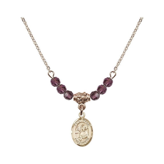 18-Inch Hamilton Gold Plated Necklace with 4mm Purple February Birth Month Stone Beads and Saint Mark the Evangelist Charm