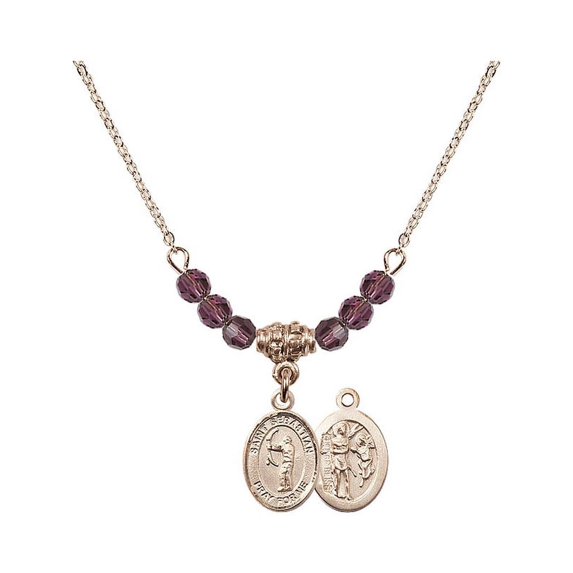 18-Inch Hamilton Gold Plated Necklace with 4mm Purple February Birth Month Stone Beads and Saint Sebastian / Archery Charm