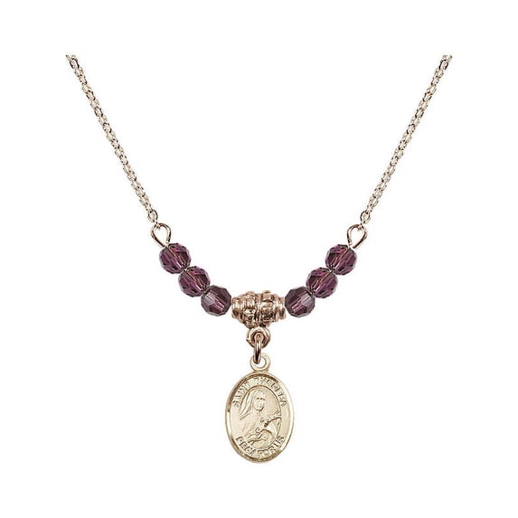 18-Inch Hamilton Gold Plated Necklace with 4mm Purple February Birth Month Stone Beads and Saint Theresa Charm