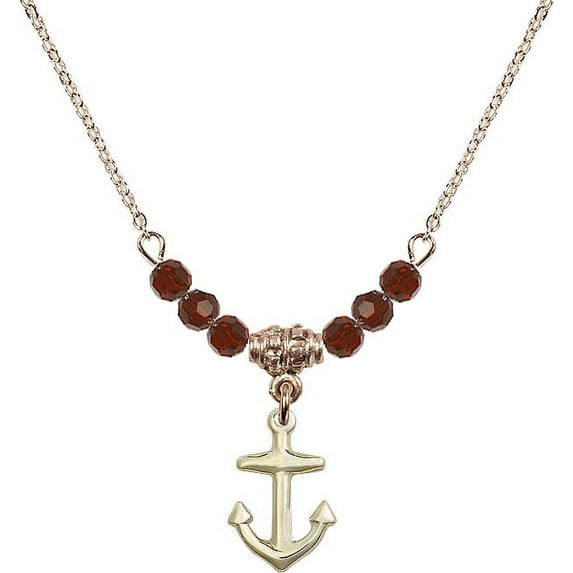 18-Inch Hamilton Gold Plated Necklace with 4mm Red January Birth Month Stone Beads and Anchor Charm