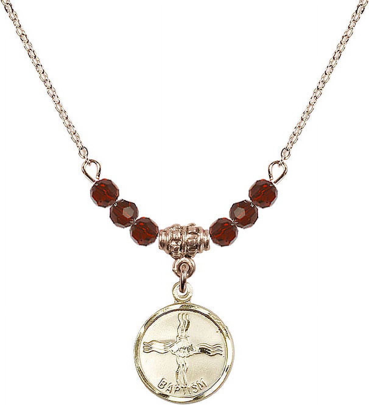 18-Inch Hamilton Gold Plated Necklace with 4mm Red January Birth Month Stone Beads and Baptism Charm