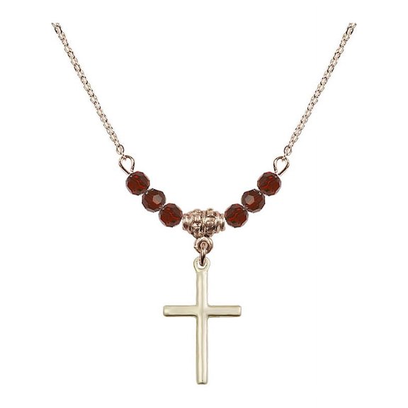 18-Inch Hamilton Gold Plated Necklace with 4mm Red January Birth Month Stone Beads and Cross Charm
