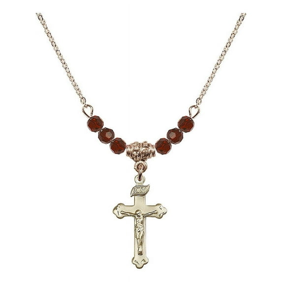 18-Inch Hamilton Gold Plated Necklace with 4mm Red January Birth Month Stone Beads and Crucifix Charm