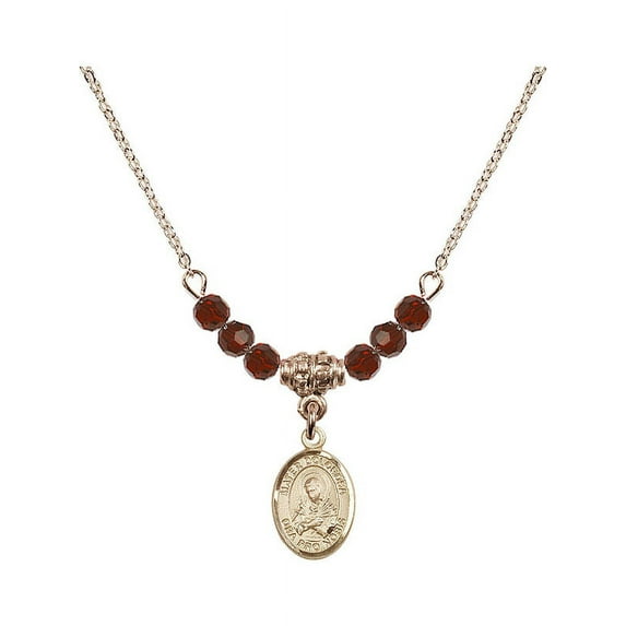 18-Inch Hamilton Gold Plated Necklace with 4mm Red January Birth Month Stone Beads and Mater Dolorosa Charm