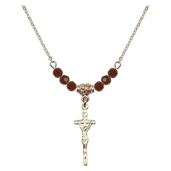 18-Inch Hamilton Gold Plated Necklace with 4mm Red January Birth Month Stone Beads and Papal Crucifix Charm