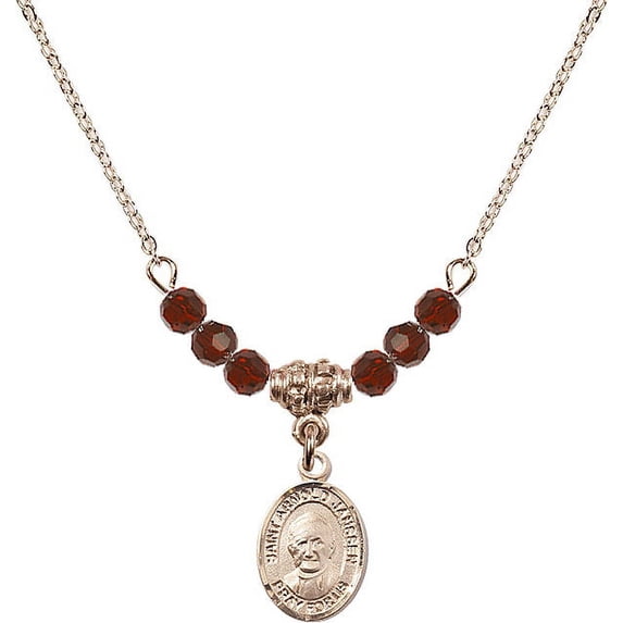 18-Inch Hamilton Gold Plated Necklace with 4mm Red January Birth Month Stone Beads and Saint Arnold Janssen Charm