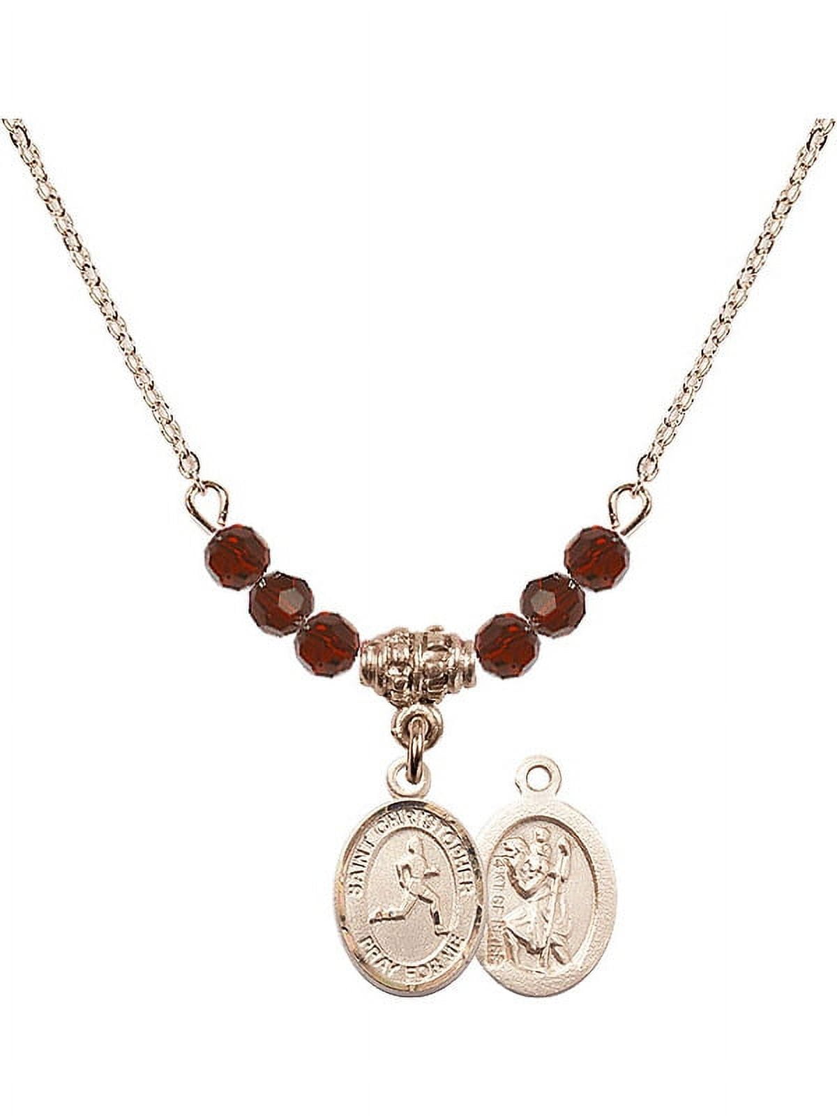 18-Inch Hamilton Gold Plated Necklace with 4mm Red January Birth Month Stone Beads and Saint Christopher/Track & Field Charm