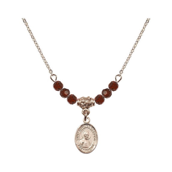 18-Inch Hamilton Gold Plated Necklace with 4mm Red January Birth Month Stone Beads and Saint Edmund Campion Charm