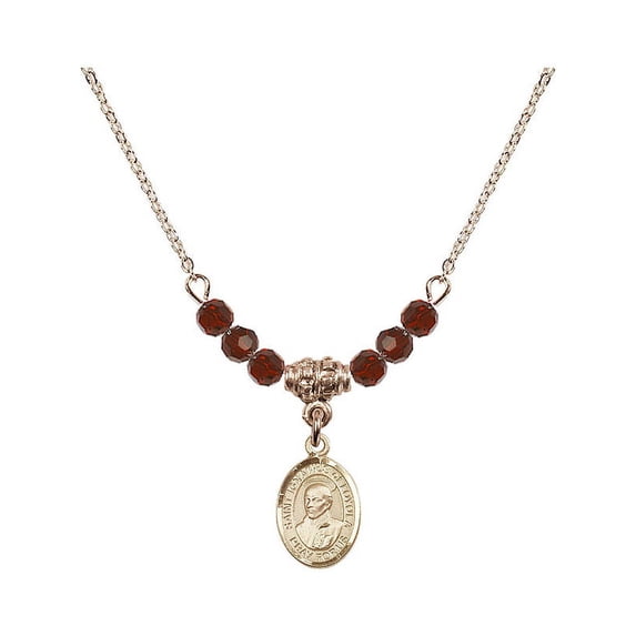 18-Inch Hamilton Gold Plated Necklace with 4mm Red January Birth Month Stone Beads and Saint Ignatius of Loyola Charm