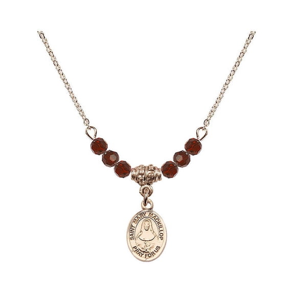 18-Inch Hamilton Gold Plated Necklace with 4mm Red January Birth Month Stone Beads and Saint Mary Mackillop Charm