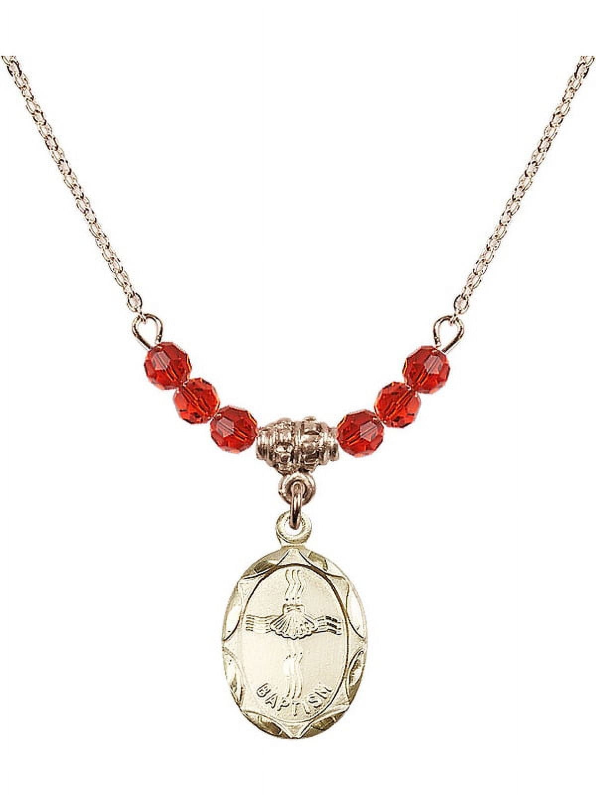 18-Inch Hamilton Gold Plated Necklace with 4mm Red July Birth Month Stone Beads and Baptism Charm