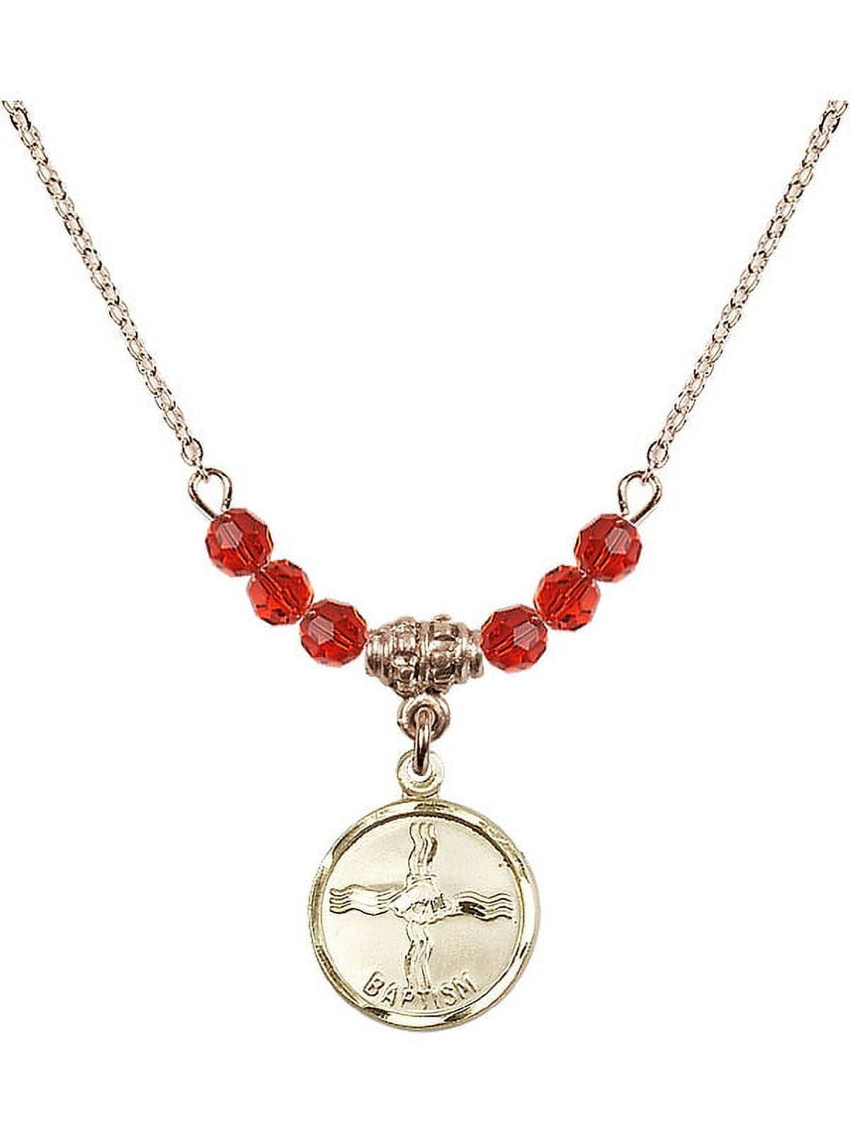 18-Inch Hamilton Gold Plated Necklace with 4mm Red July Birth Month Stone Beads and Baptism Charm