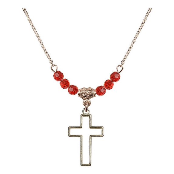 18-Inch Hamilton Gold Plated Necklace with 4mm Red July Birth Month Stone Beads and Cross Charm