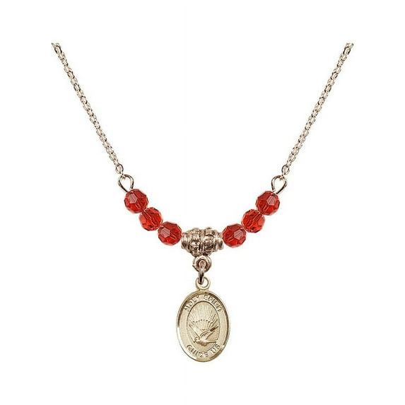 18-Inch Hamilton Gold Plated Necklace with 4mm Red July Birth Month Stone Beads and Holy Spirit Charm