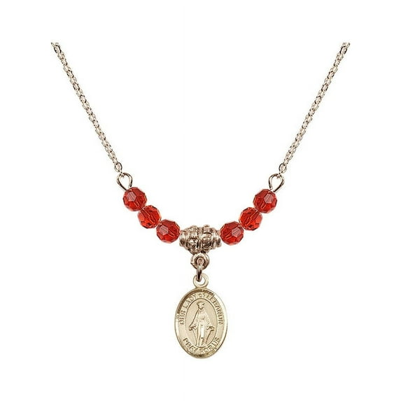 18-Inch Hamilton Gold Plated Necklace with 4mm Red July Birth Month Stone Beads and Our Lady of Lebanon Charm